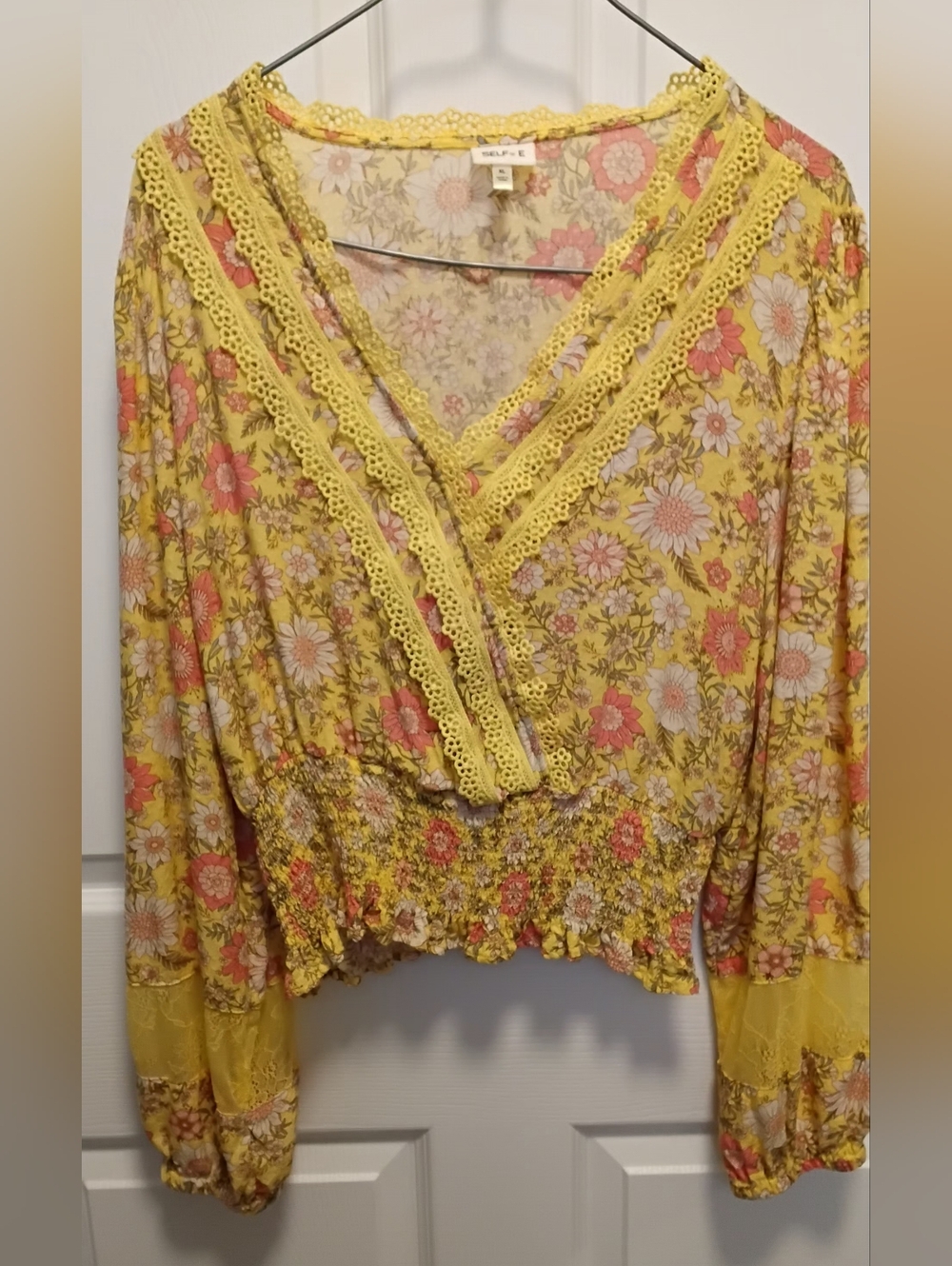 Yellow Floral Lace-Trim V-Neck Blouse  ($15 OBO)